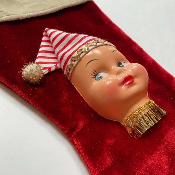 Christmas Stocking with Dolly Face Holiday Decor Xmas Vintage Handmade - Picture 4 of 5